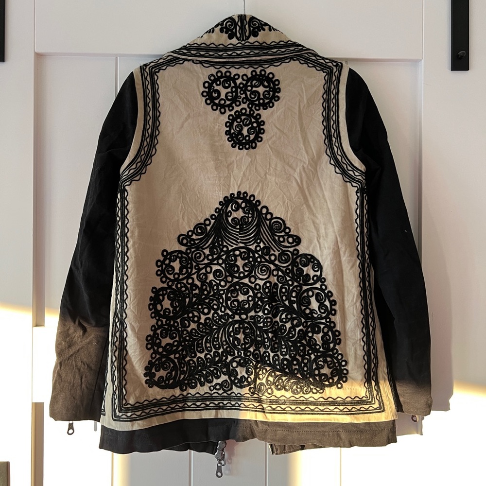 Free People XS black white embroidered zip front collared field jacket boho xs